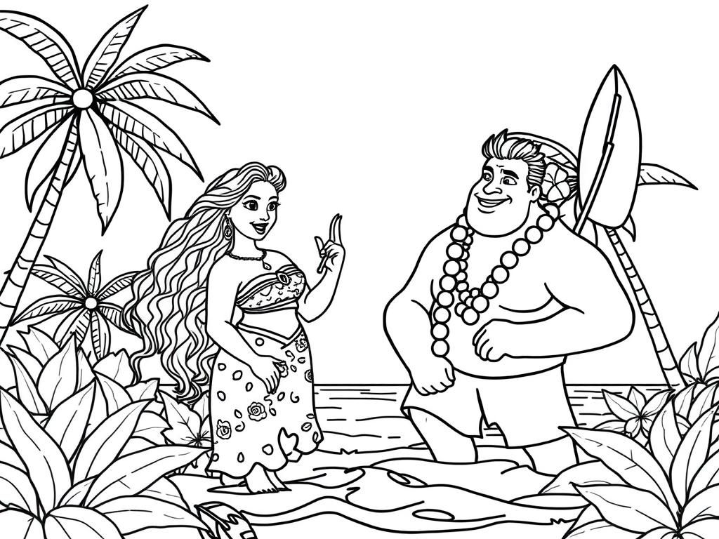 moana and maui on tropical island