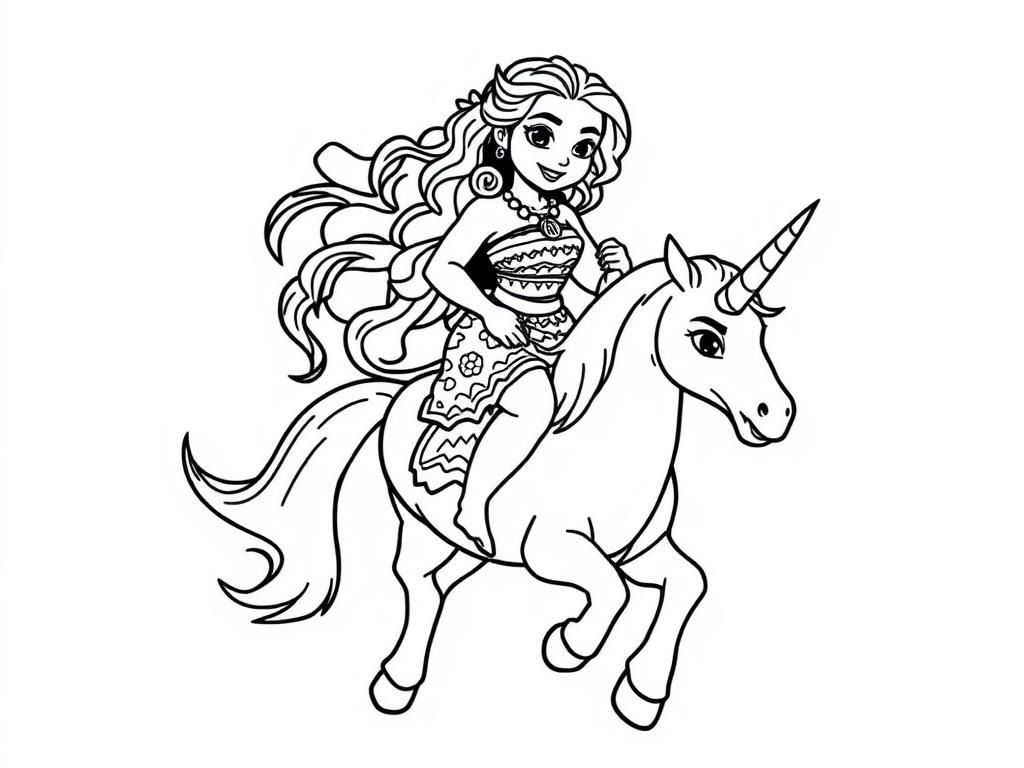 Moana riding a unicorn - Free Printable Coloring Page