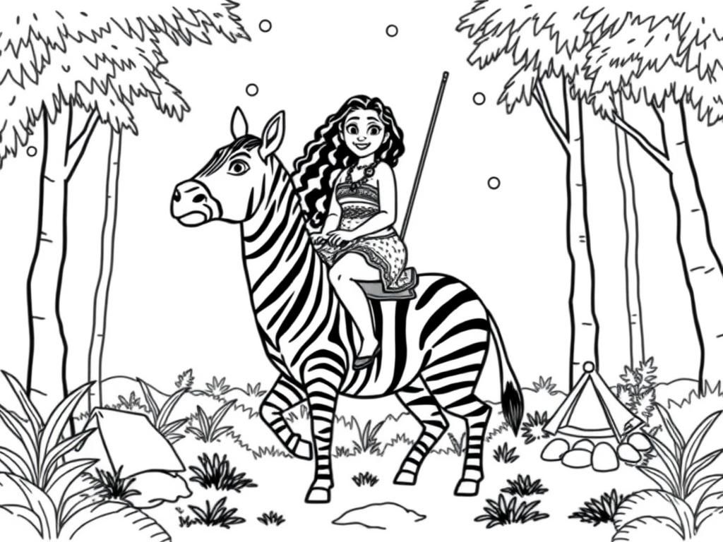 Coloring Page of a Girl Riding a Zebra