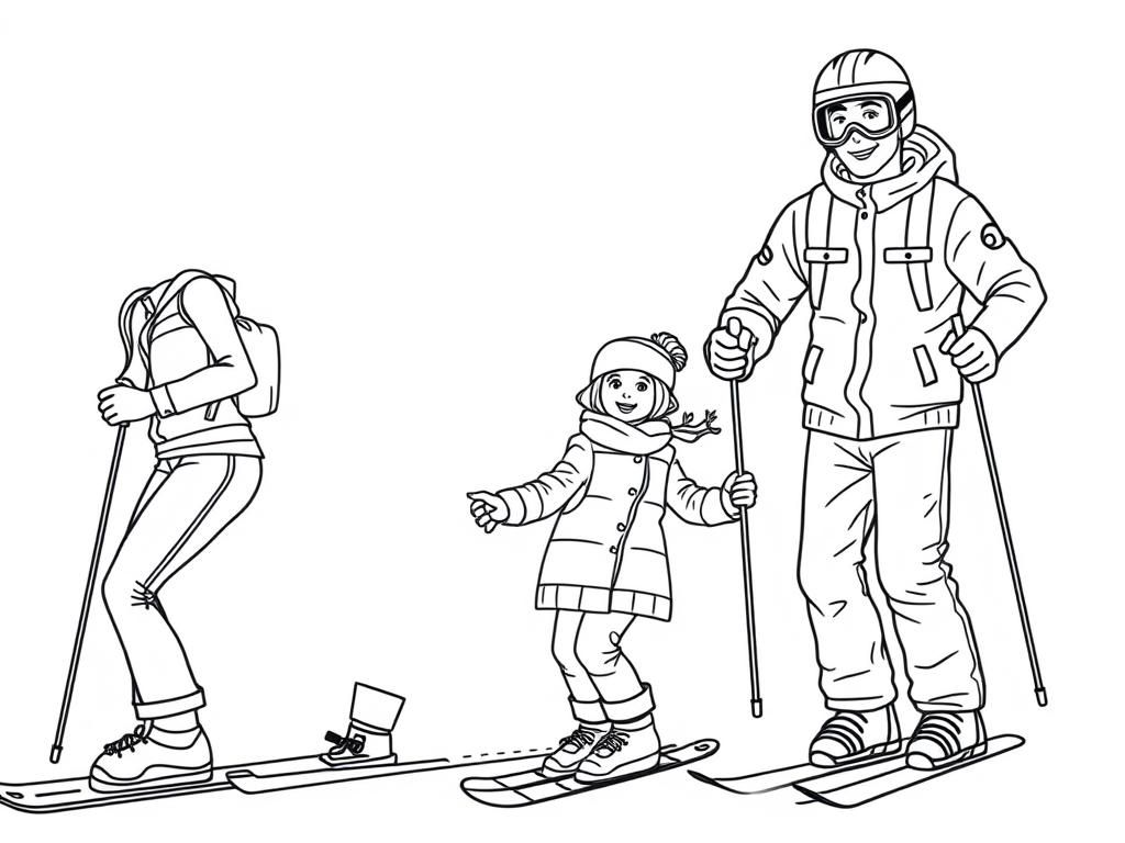Family Skiing Coloring Page