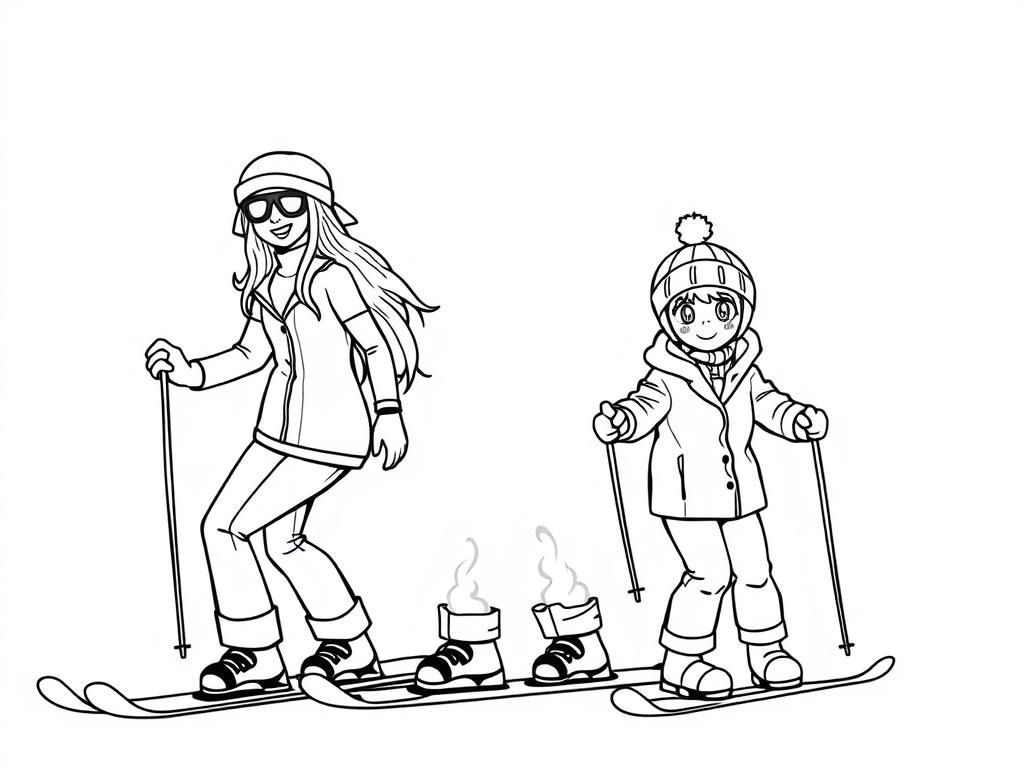 mom with long hair fit and muscular snowboarding,da with short hair fit muscular snowboarding, and 6yr old daughter with chin-high short hair and ban skiing - Free Printable Coloring Page