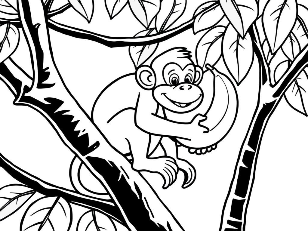 Monkey with a banana on a tree - Free Printable Coloring Page