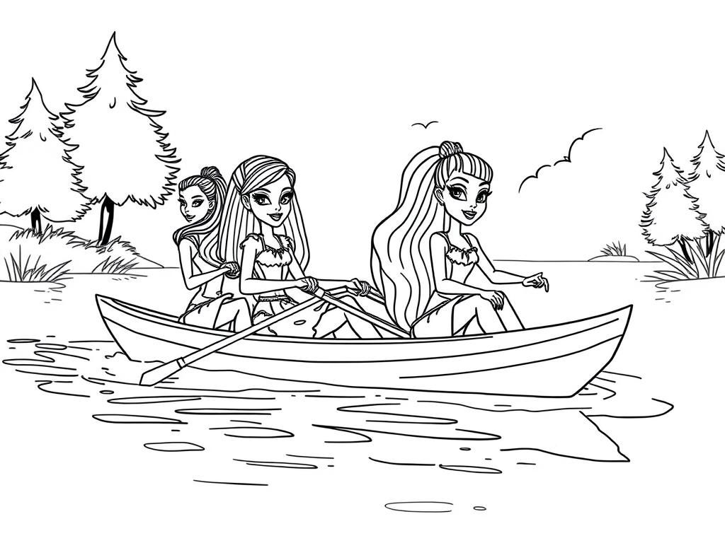 Monster high characters rowing in a lake