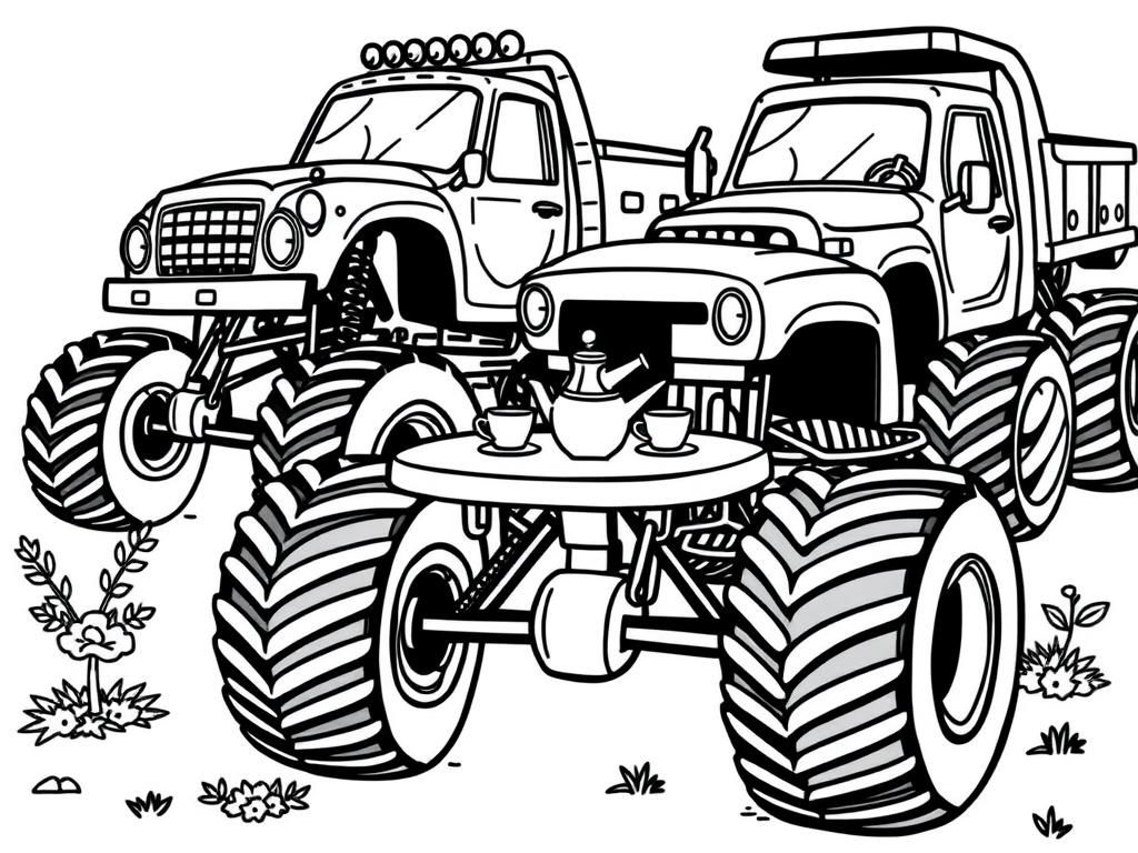 Monster Trucks Tea Party Coloring Page