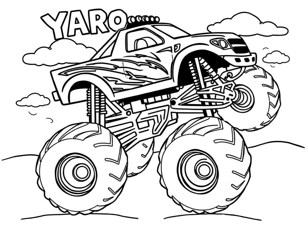 Monstertruck with letters YARO in sky and 4 wheels