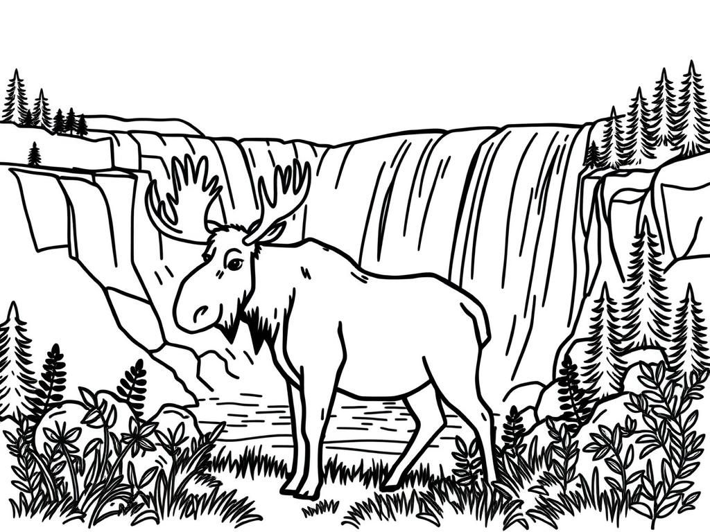 Moose by Waterfall Coloring Page