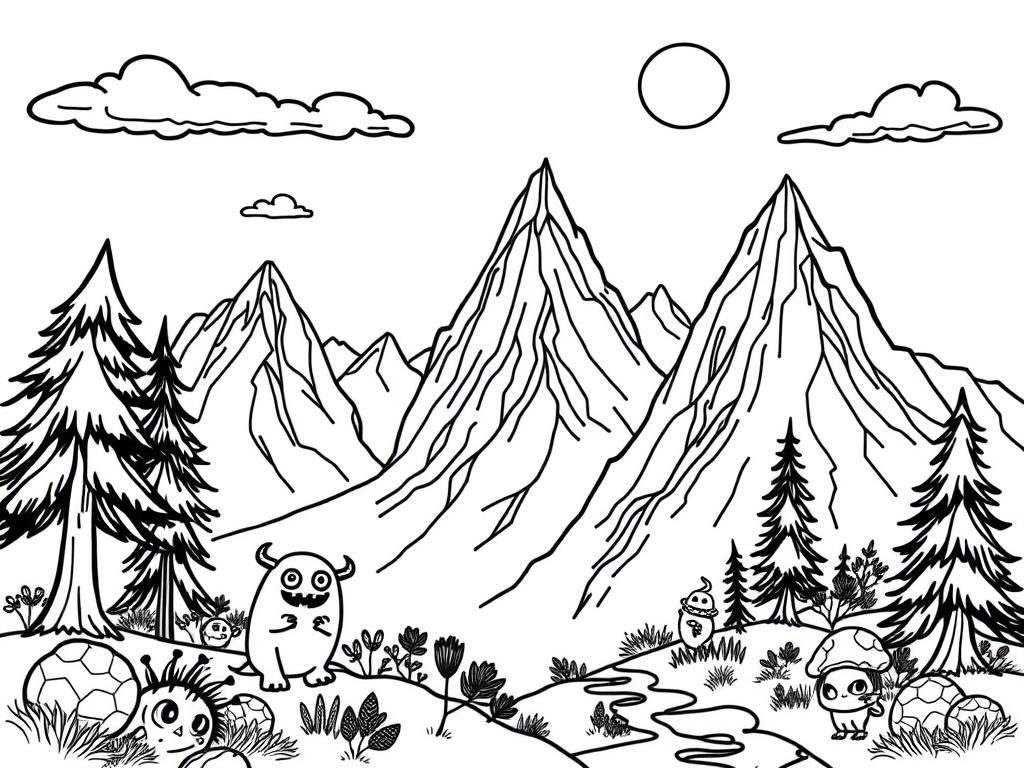 mountain fairy landscape with cute monsters - Free Printable Coloring Page