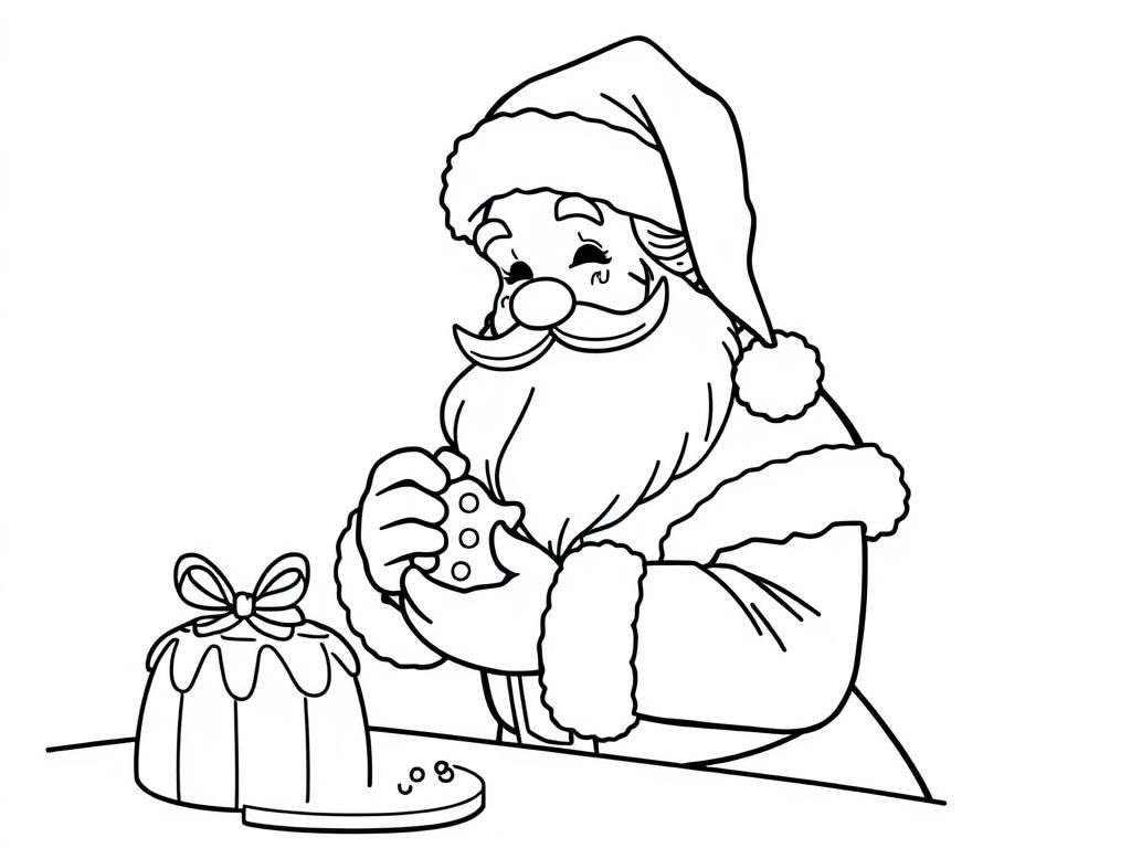 Santa Claus with Cake and Cookie Coloring Page