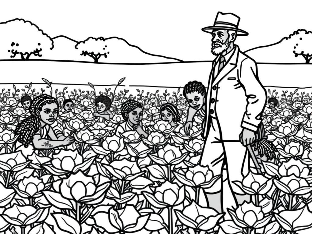 multiple Africans in a field picking cotton with a Southern gentleman onlooker with a whip