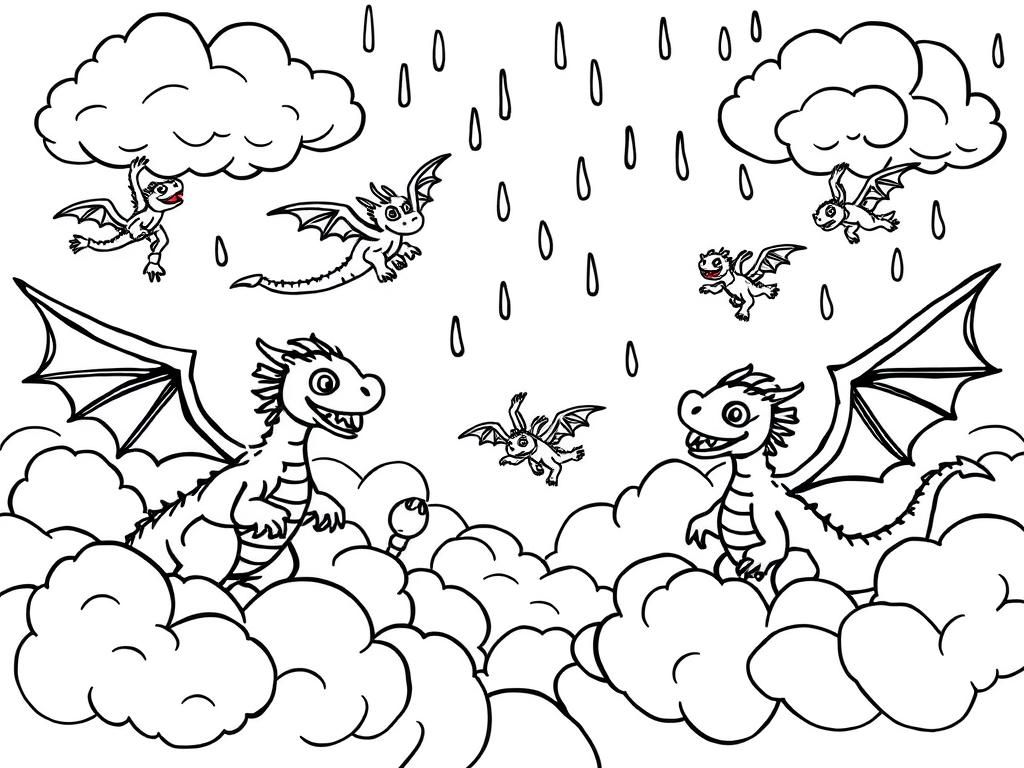 Dragons in the Rain Coloring Page