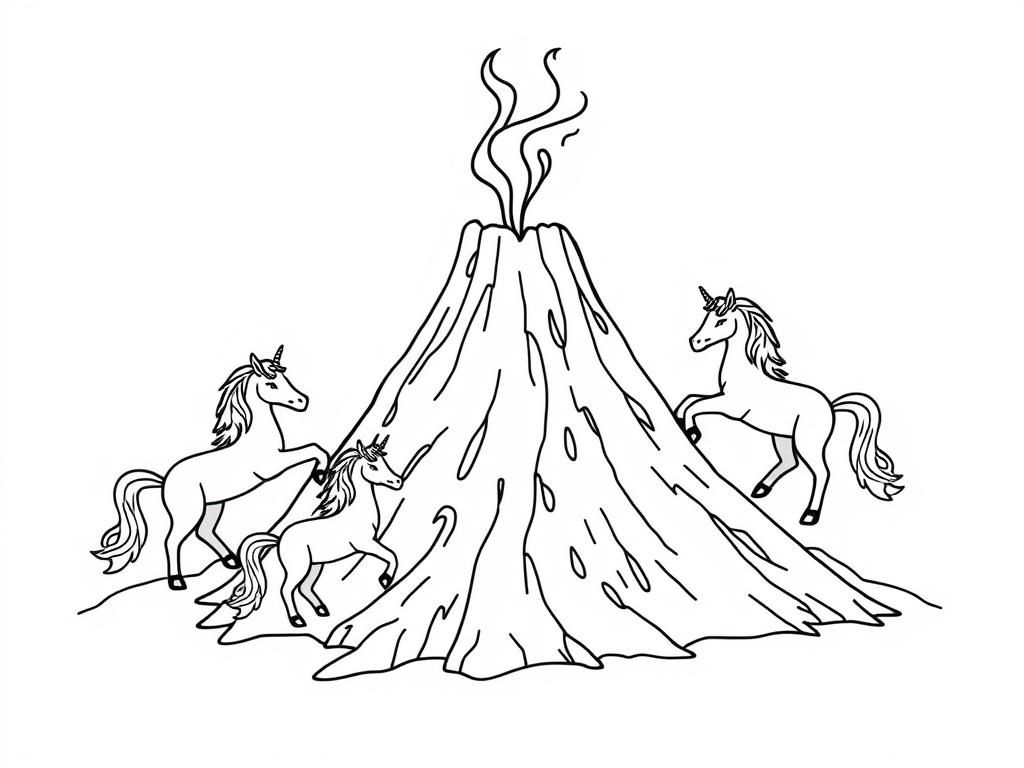 Unicorns and Volcano Coloring Page
