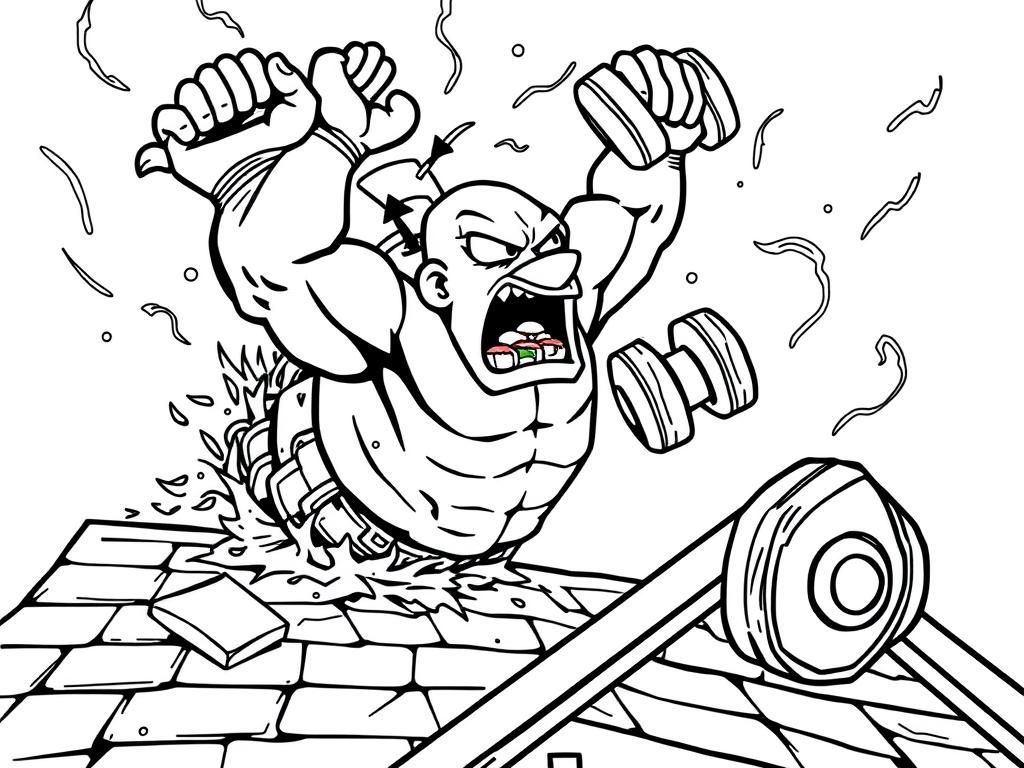 Muscular Exterminator falling through a roof, eating sushi holding a dumbbell - Free Printable Coloring Page
