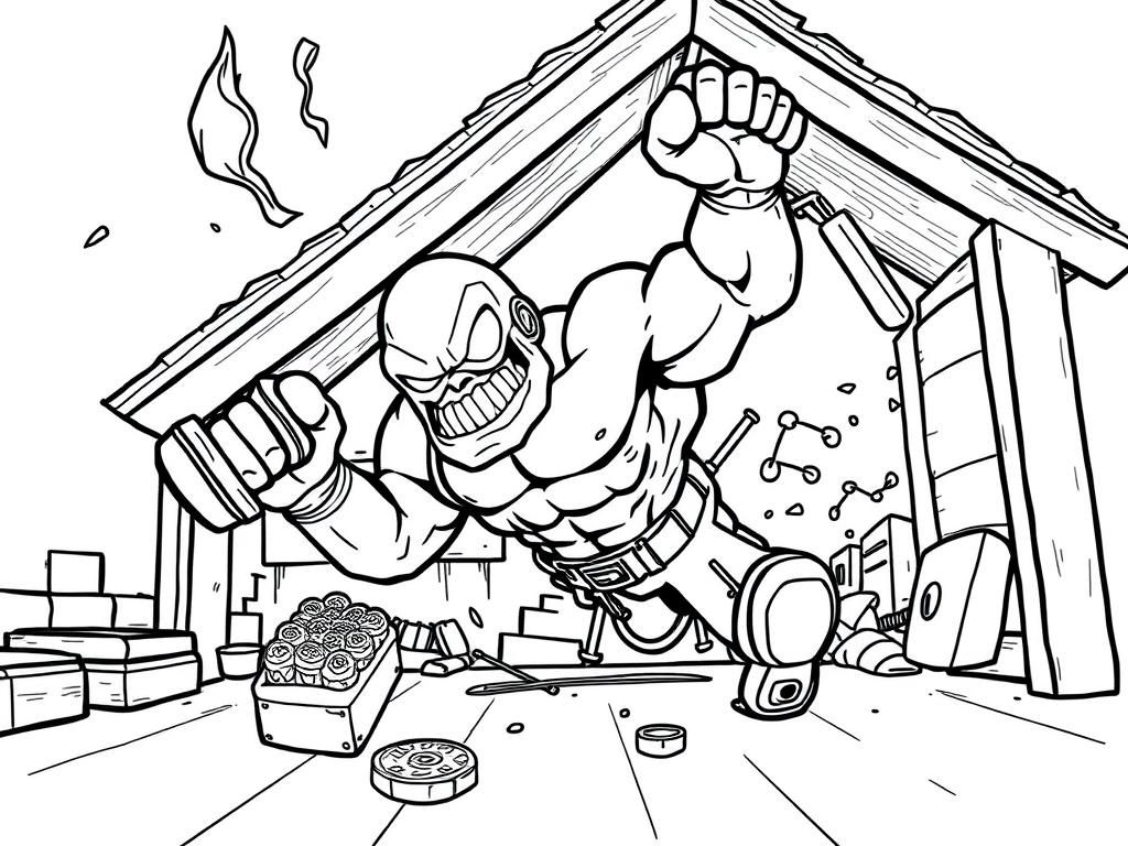 Preview of Muscular Exterminator falling through a roof, eating sushi, holding weights and hitting the floor