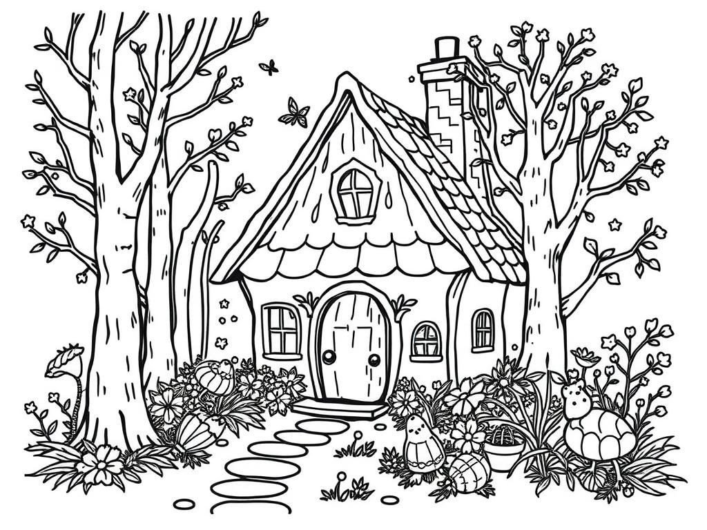 Preview of My perfect coloring page has a whimsical cottage in the Woods and reminds myself of fairy tales..