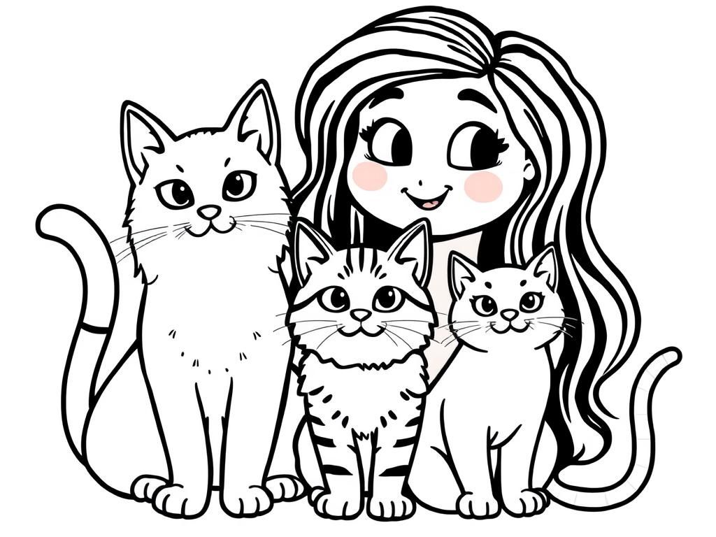 Girl with Cats Coloring Page