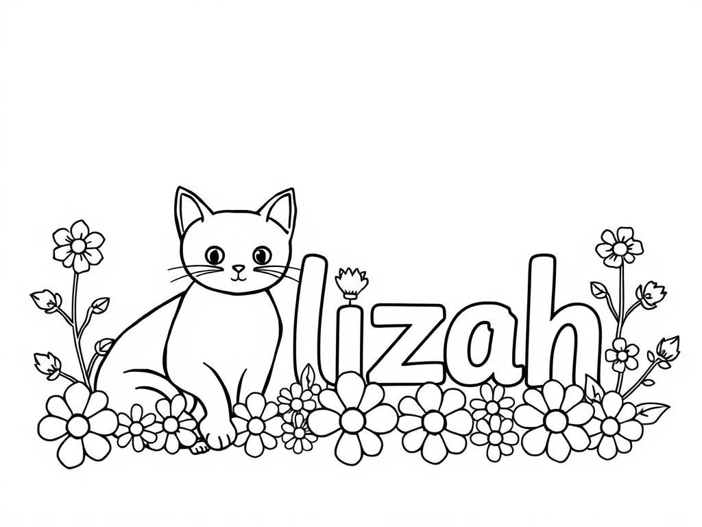 Cute Cat Coloring Page with Flowers