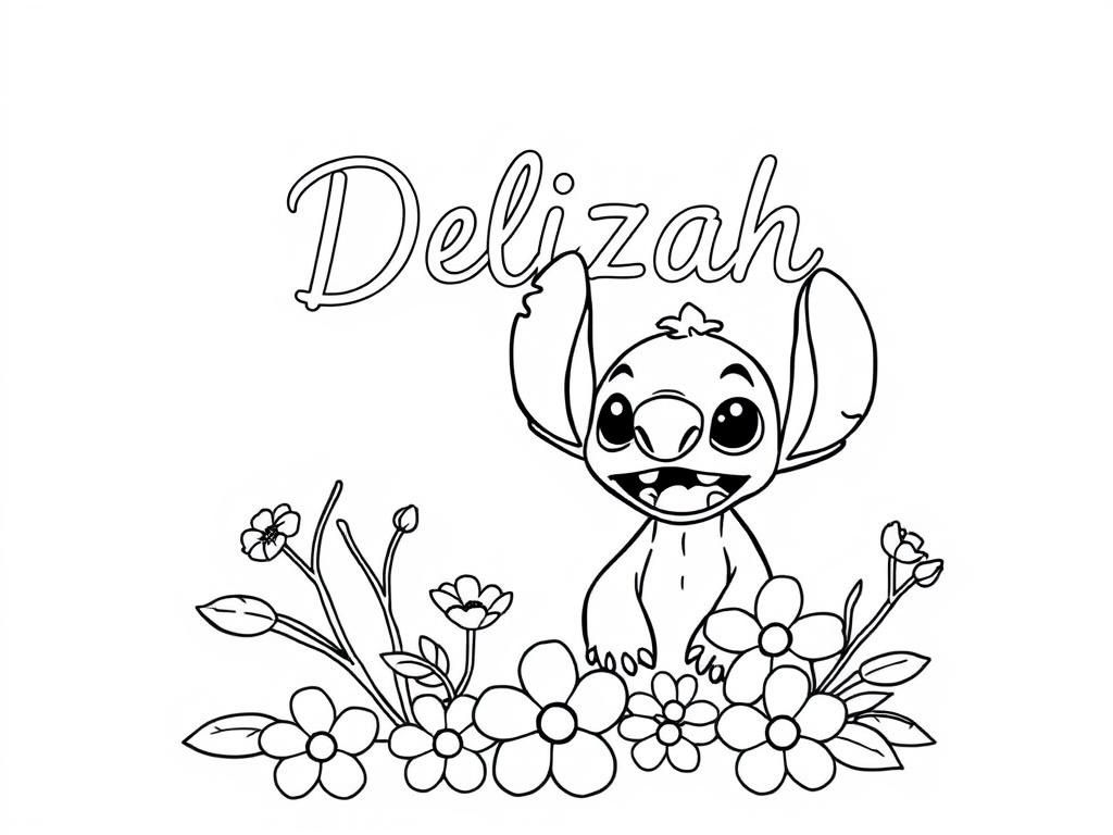 Stitch Coloring Page with Flowers