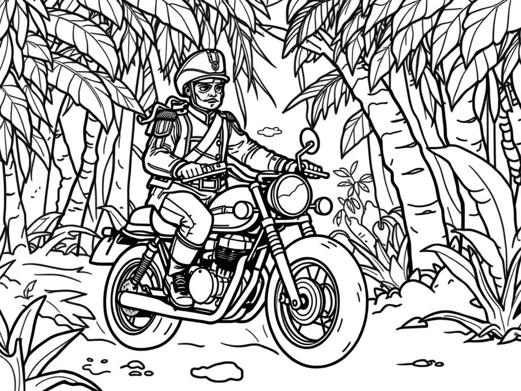 Soldier on Motorcycle Jungle Coloring Page