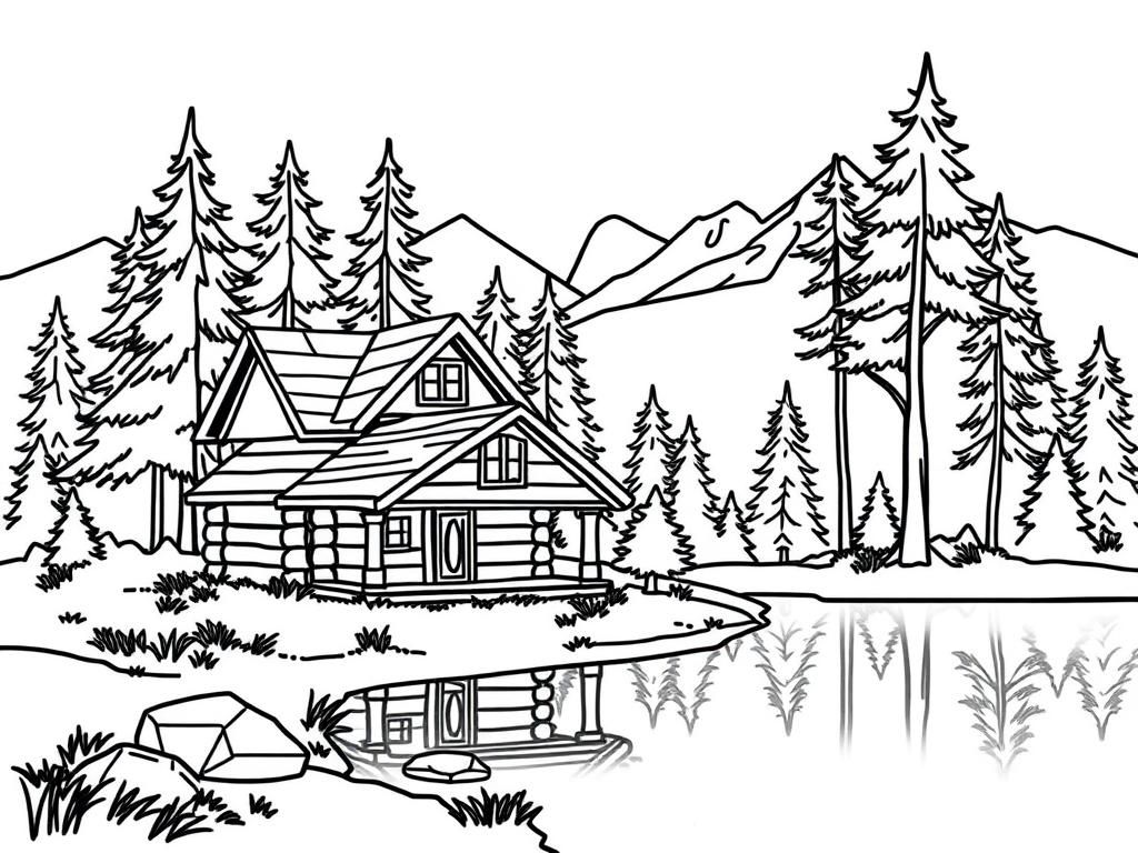 Log Cabin in the Woods Coloring Page