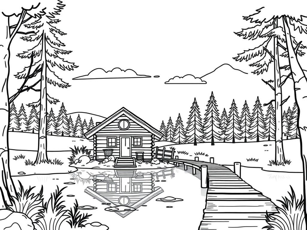 Cabin by the Lake Coloring Page