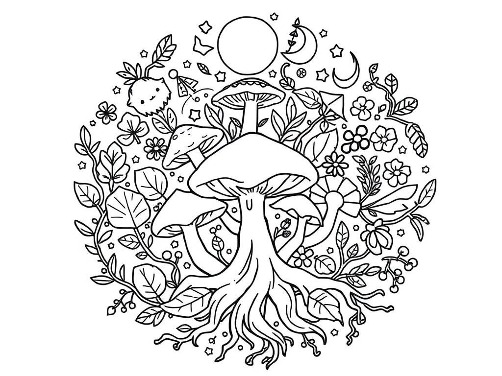 nature mandala with mushrooms, leaves, flowers moons and stars and roots weaving around and between eachother on the edges - Free Printable Coloring Page
