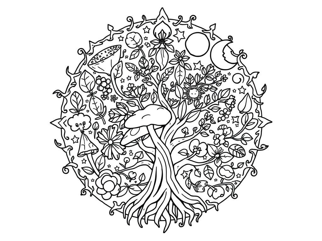 nature mandala with mushrooms, leaves, flowers moons and stars and trees with roots weaving around and between eachother on the edges - Free Printable Coloring Page