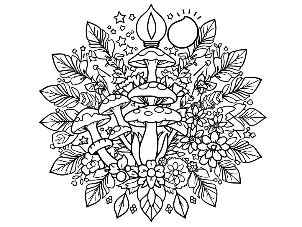 nature mandala with mushrooms, leaves, flowers moons and stars - Free Printable Coloring Page