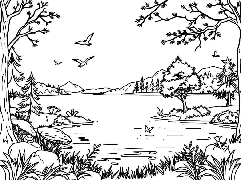 Lake Scene Coloring Page