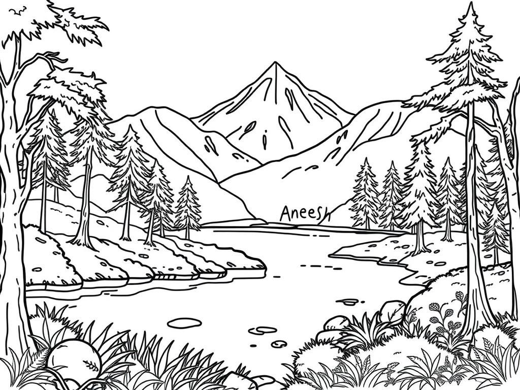 nature with aneesh name for coloring with trees and lakes