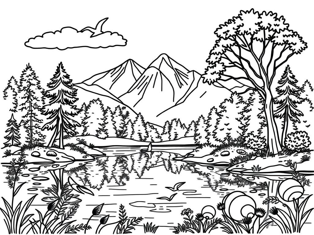 nature with aneesh name in it to draw and color and lake and birds and trees