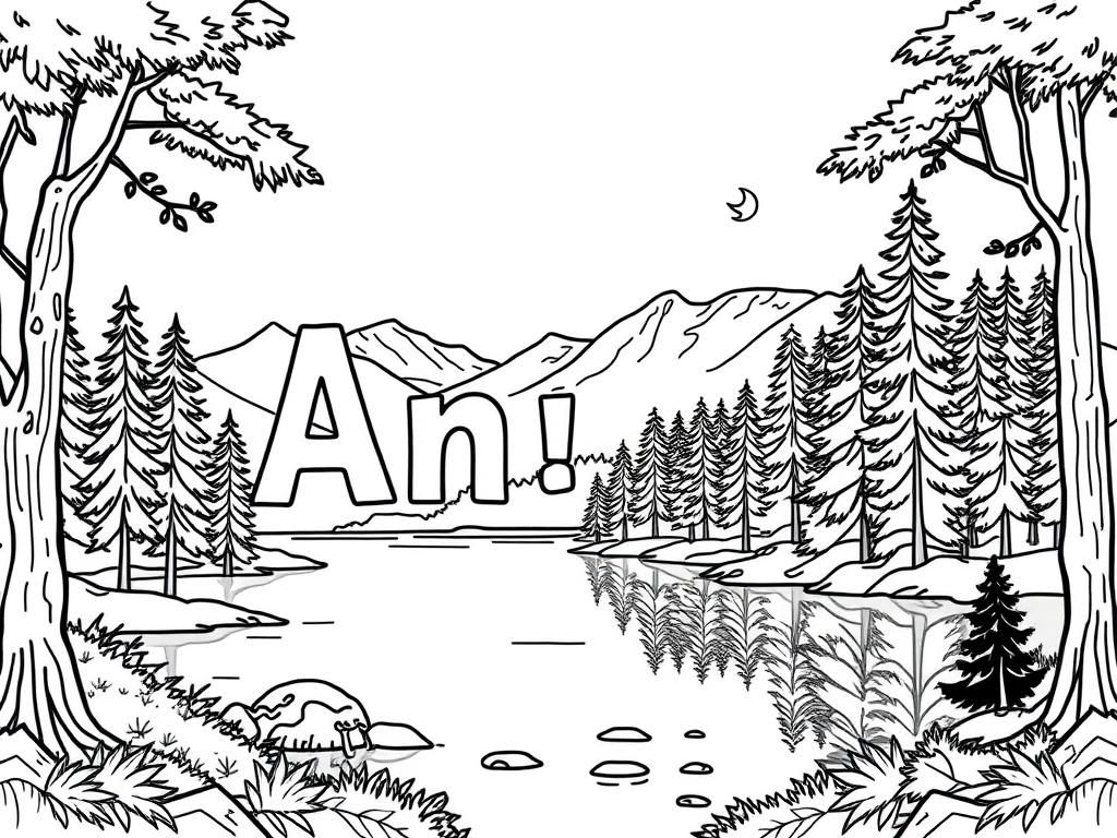 nature with anish name for coloring with trees and lakes