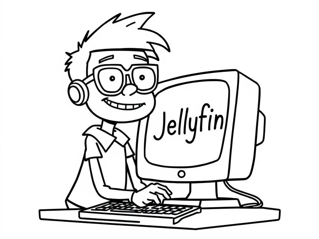 Nerd with a computer that says "Jellyfin" on the display