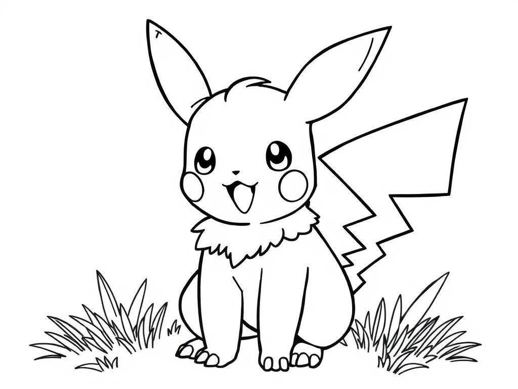 Pikachu Sitting in Grass Coloring Page