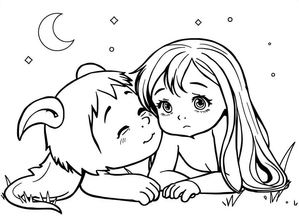 Girl and Dog Under the Night Sky Coloring Page