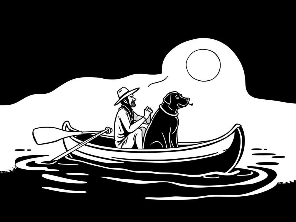 night view of canoe with a brown dog at right and cigaret smoking dark man with hat at left on canoe looking both at right and a biluzik girl