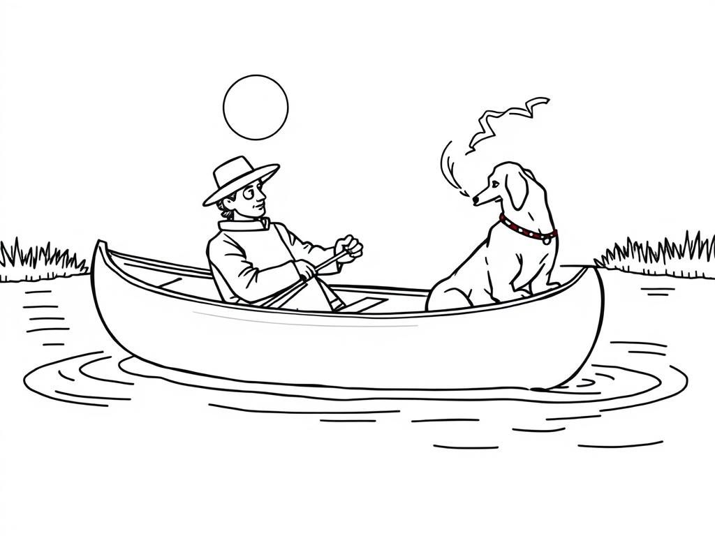 night view of canoe with a brown dog at right and cigaret smoking dark man with hat at left on canoe looking both at right and a biluzik girl