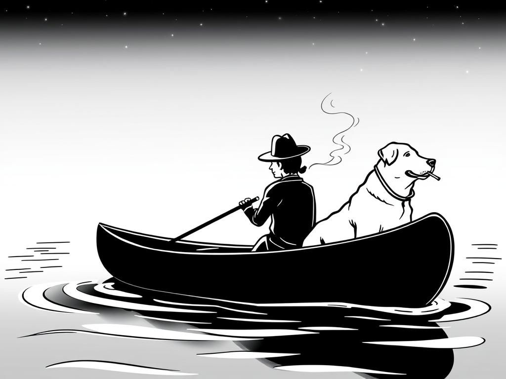 night view of canoe with a brown dog at right and cigaret smoking dark man with hat at left on canoe looking both at right and a  girl