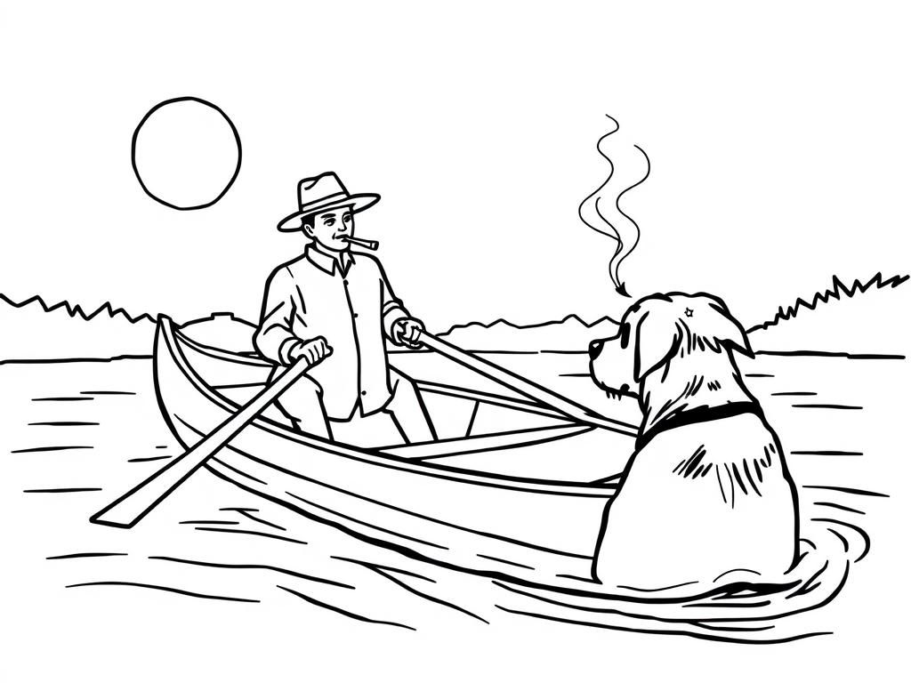 night view of canoe with a brown dog at right and cigaret smoking dark man with hat at left on canoe looking both at right and a  girl