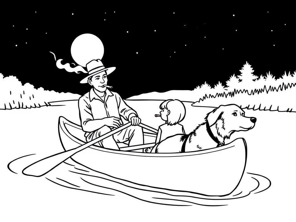 night view of canoe with a brown dog at right and cigaret smoking dark man with hat at left on canoe looking both at right and a  girl