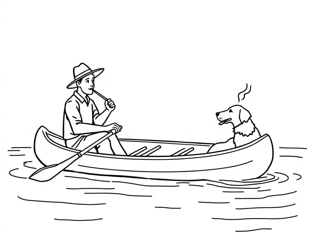 night view of canoe with a brown dog at right and cigaret smoking dark man with hat at left on canoe looking both at right and a  girl in water