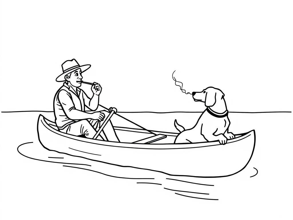 night view of canoe with a brown dog at right and  cigaret smoking dark man with hat at left on canoe looking both at right