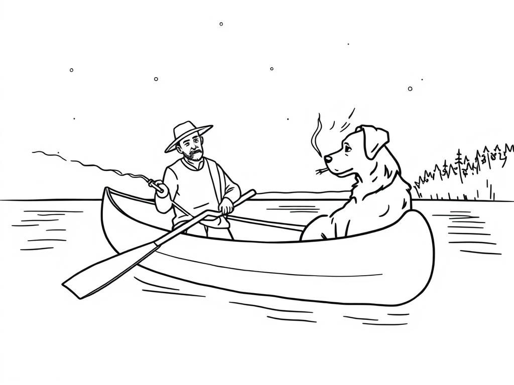 night view of canoe with a brown dog at right and  cigaret smoking dark man with hat at left on canoe looking both at right