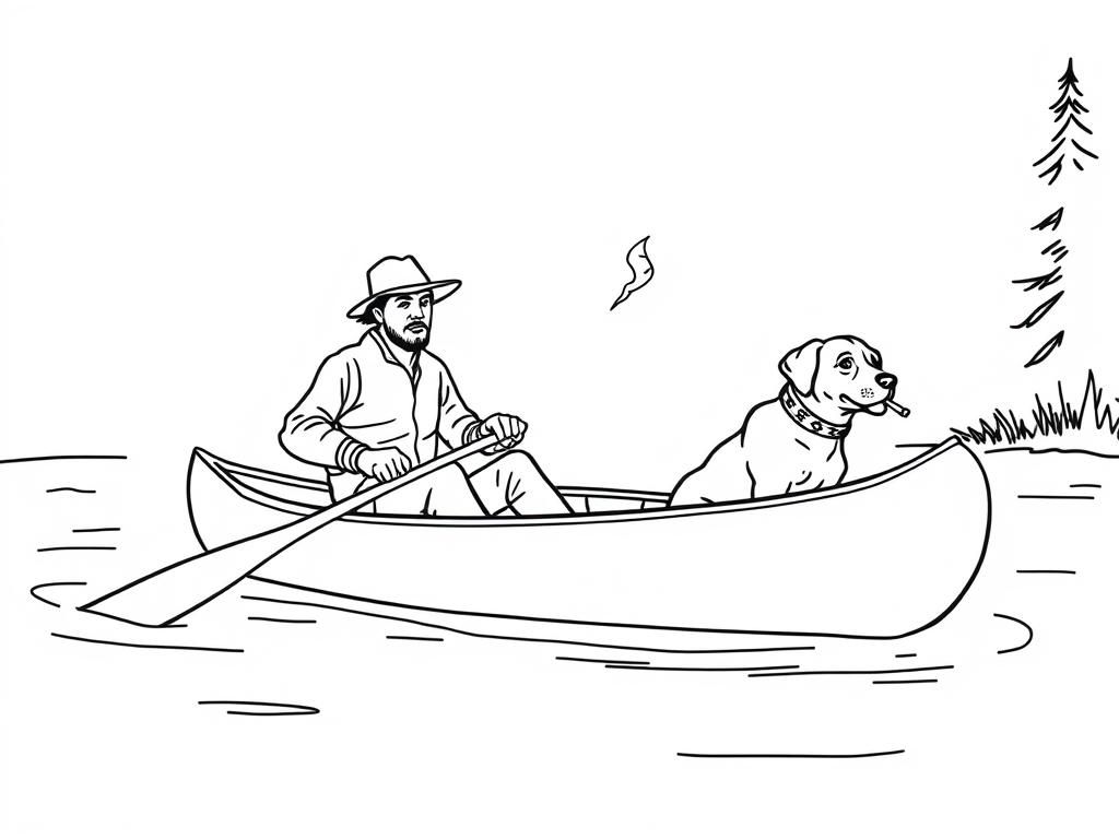 night-view-of-canoe-with-a-brown-dog-at-right-and-cigaret-smoking-dark-man-with-hat-at-left-on-canoe-looking-both-at-right