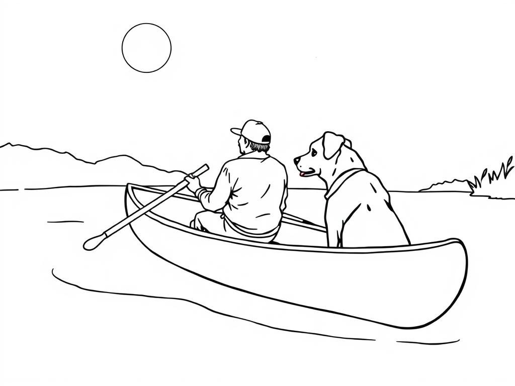 night-view-of-canoe-with-a-brown-dog-at-right-and-cigaret-smoking-dark-man-with-hat-at-left-on-canoe-looking-both-at-right