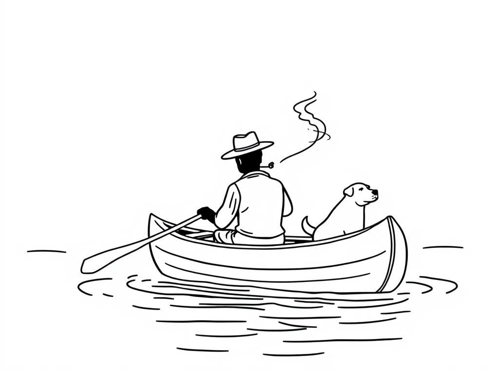 night view of canoe with a brown dog at right and cigaret smoking dark man with hat at left on canoe looking both at right