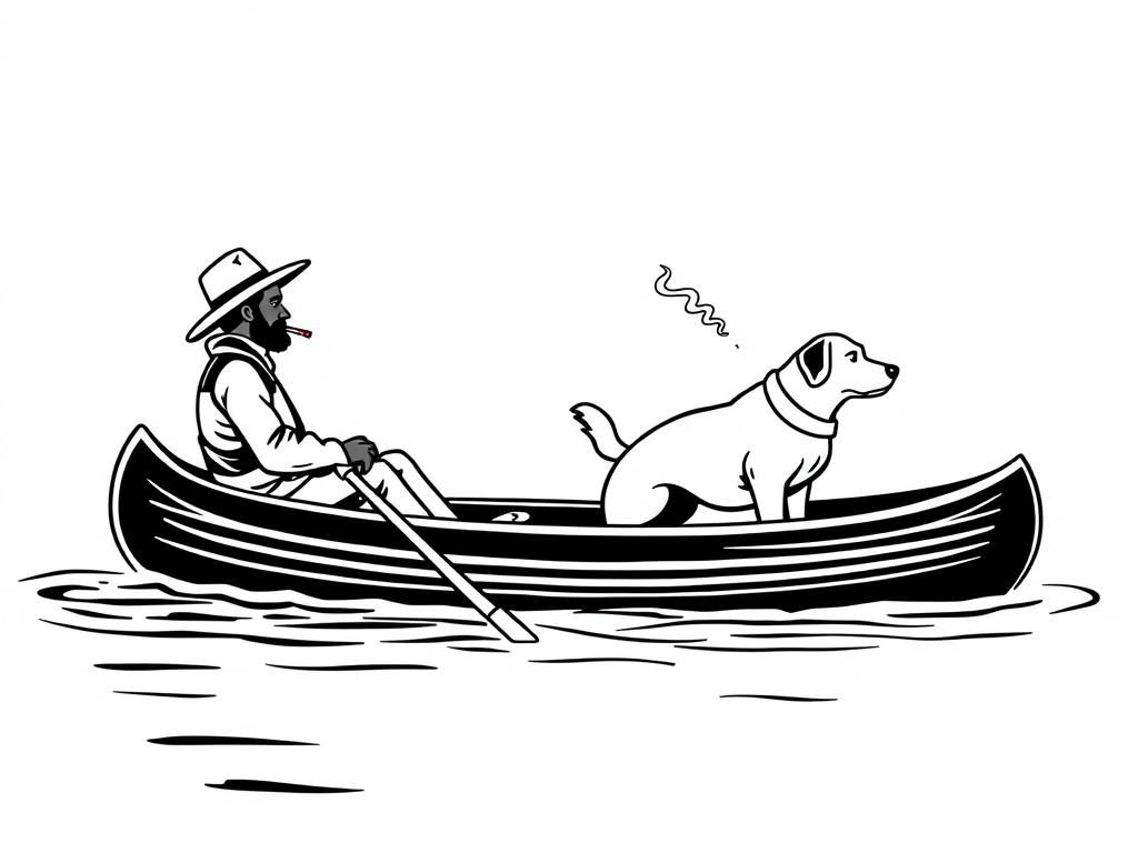 night view of canoe with a brown dog at right and cigaret smoking dark man with hat at left on canoe looking both at right