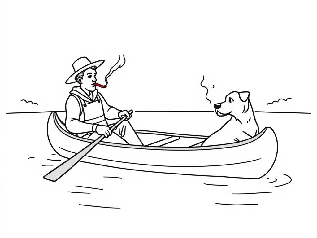 night view of canoe with a brown dog at right and cigaret smoking dark man with hat at left on canoe looking both at right