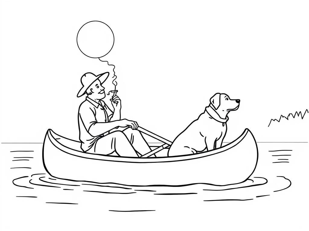 night view of canoe with a brown dog at right and cigaret smoking dark man with hat at left on canoe looking both at right