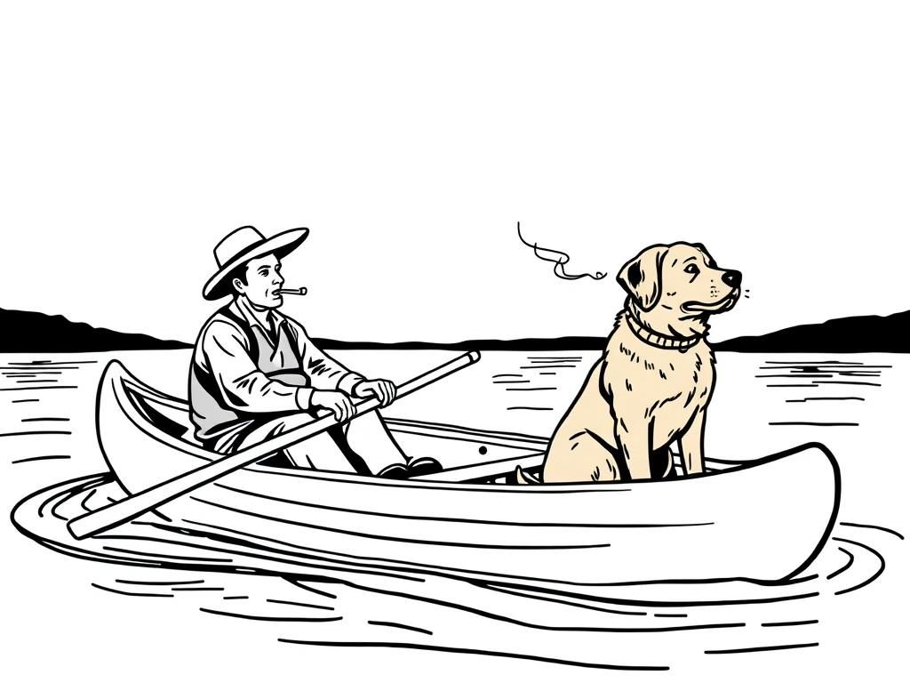 night view of canoe with a brown dog at right and cigaret smoking dark man with hat at left on canoe looking both at right