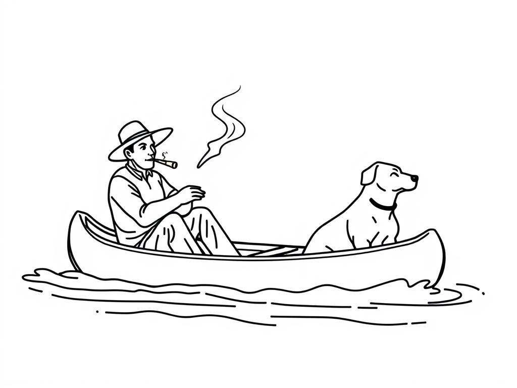 night view of canoe with a brown dog at right and cigaret smoking dark man with hat at left on canoe looking both at right